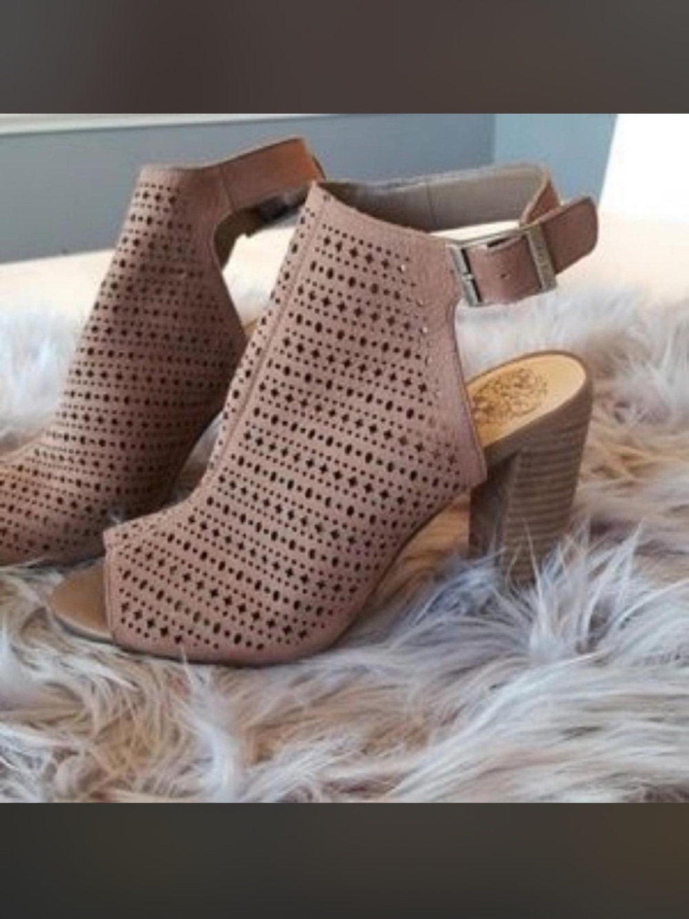 Women's Taupe Perforated Block Heel Sandals